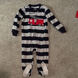 Carter's Navy and Gray Striped Footie with Red Fire Truck